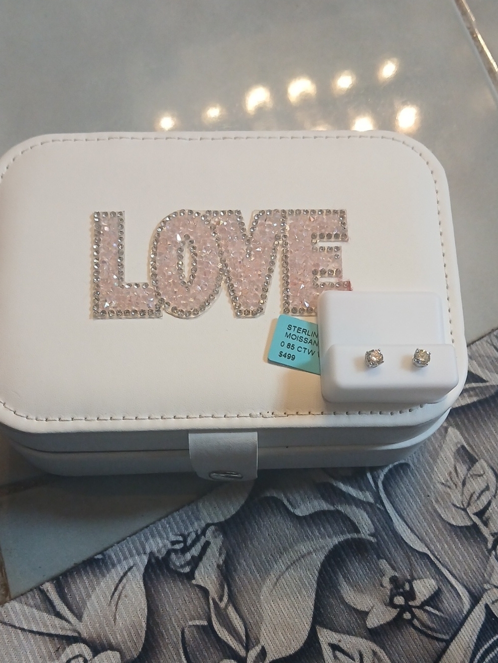 White Jewelry Box with 'LOVE' Crystal Accent & Mossonite Earrings NWT